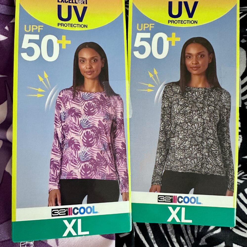 Bundle (2) 32 Degrees Cool Sun Tees Women's Size XL Leaf Patterns UPF 50+ (NEW)